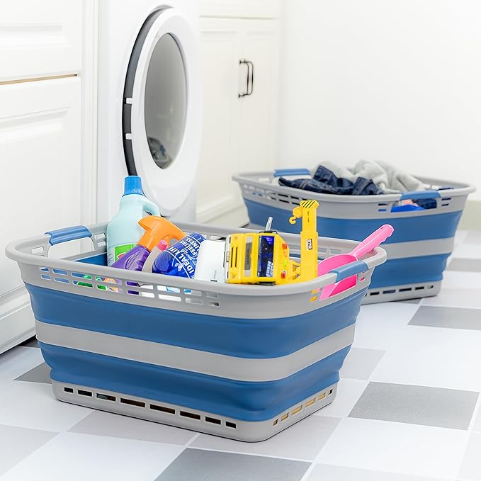SAMMART 42L (11 gallons) Collapsible Plastic Laundry Basket - Portable Pop Up Storage Container/Organizer - Portable Hamper - Space Saving Easy Storage (Grey/Mist Blue (Set of 2))