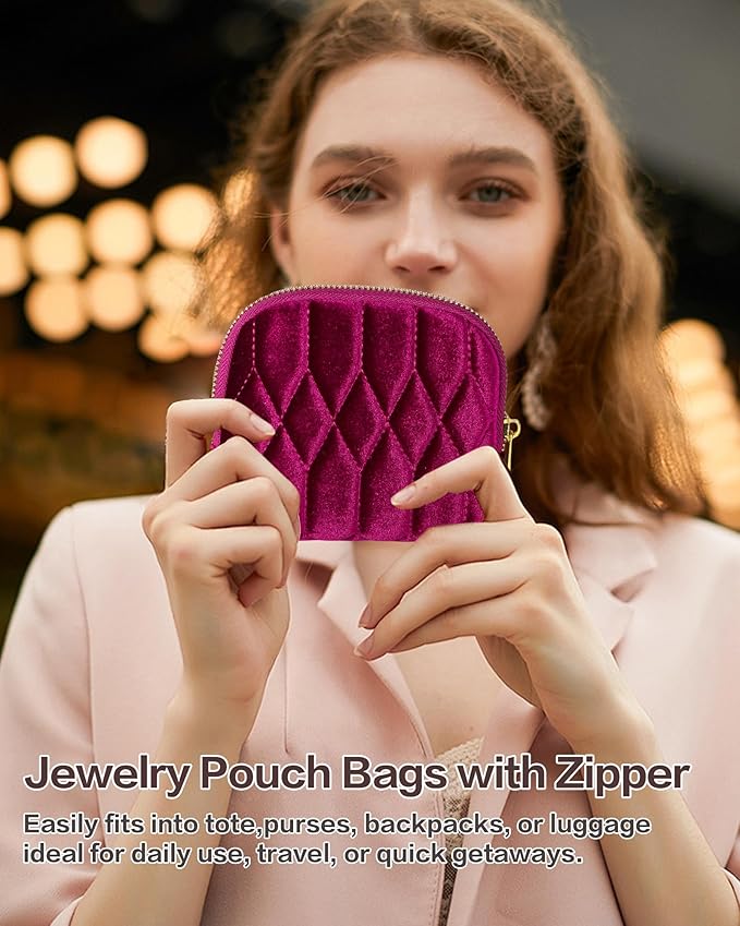 Small Travel Jewelry Case, Mini Travel Jewelry Bag with Zipper, 5-Layer Velvet Organizer Pouch for Bracelet Rings Earrings - Diamond Stitched Velvet Rose Purple