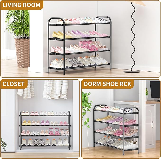 Hleelomi 4-Tier Expandable Shoe Rack for Entryway,Adjustable Metal Shoe Organizer for Closet,Living Room,Dorm,Black