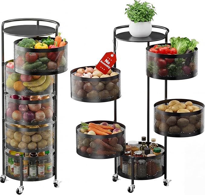 JAQ No Assembly Rotating Storage Cart, 5-Tier Rolling Kitchen Cart with Wheels, Round Large Capacity Fruit Vegetable Storage Rack, Easy Access Onion Potato Organizer, Heavy Duty Metal (Black)