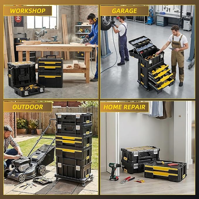 TLGREEN 4 Tier Stackable Rolling Tool Box– Modular Tool Organizer System with Wheels, Portable Tool Box with Drawers for Garage Storage, Home Repairs & Professional Workshop