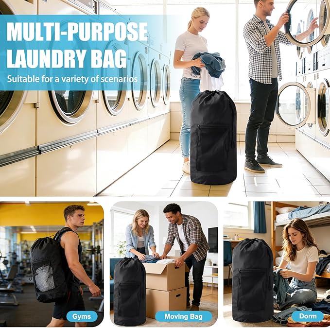 Laundry Bag Backpack,Olosar 2PCS Extra Large Travel Laundry Bag with Mesh Pocket & Adjustable Shoulder Straps,Dirty Clothes Travel Bag for College Students Dorm,Apartment(Black)