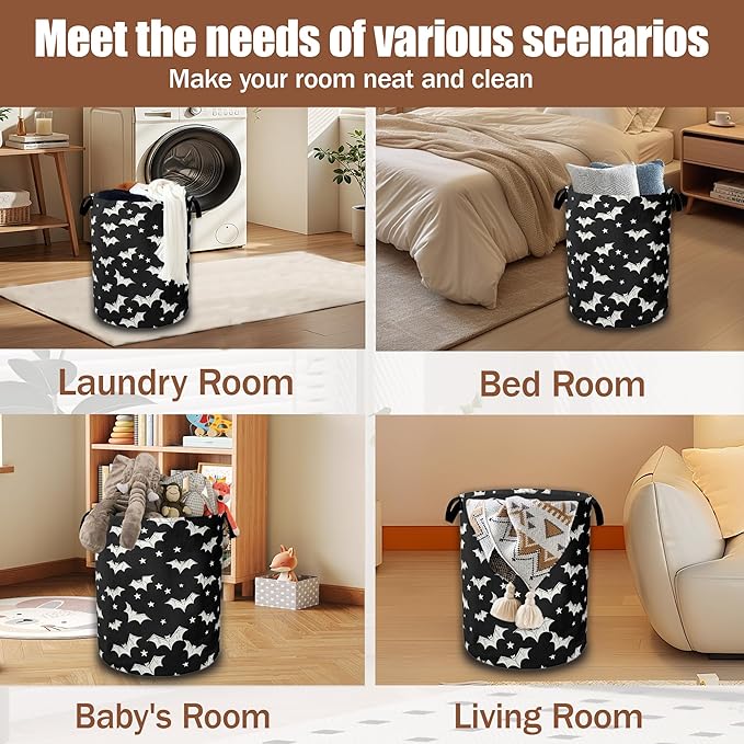 White Bats Laundry Baskets,Laundry Hamper,Storage Basket with Handles for Bathroom Bedroom College Dormitory Living Room Nursery Organizer 16"x20.8"