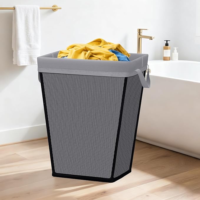 STO STO Laundry Basket 75L, Space-Saving Laundry Hamper for Small Spaces, Freestanding Clothes Hamper with Iron Frame, Removable Washable Liner, Laundry Organizer for Bedroom, Bathroom, Dorm, Gray