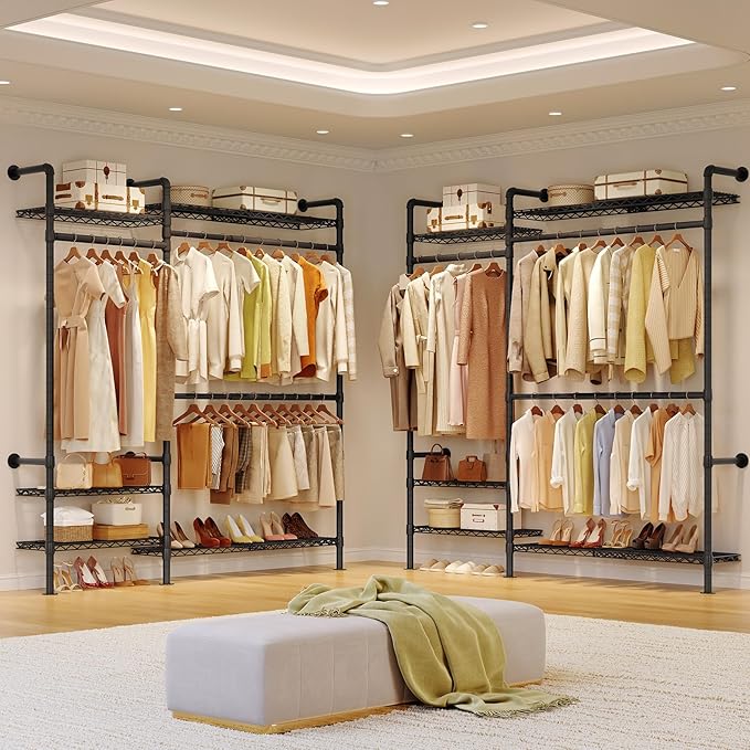 ONBRILL H2 Plus Expandable Wall Mounted Closet System, 3.8FT-5.1FT Closet Organizer with Telescopic Shelves & Adjustable Rods, Industrial Pipe Clothing Rack for Walk-in & Reach-in Closet (Black)
