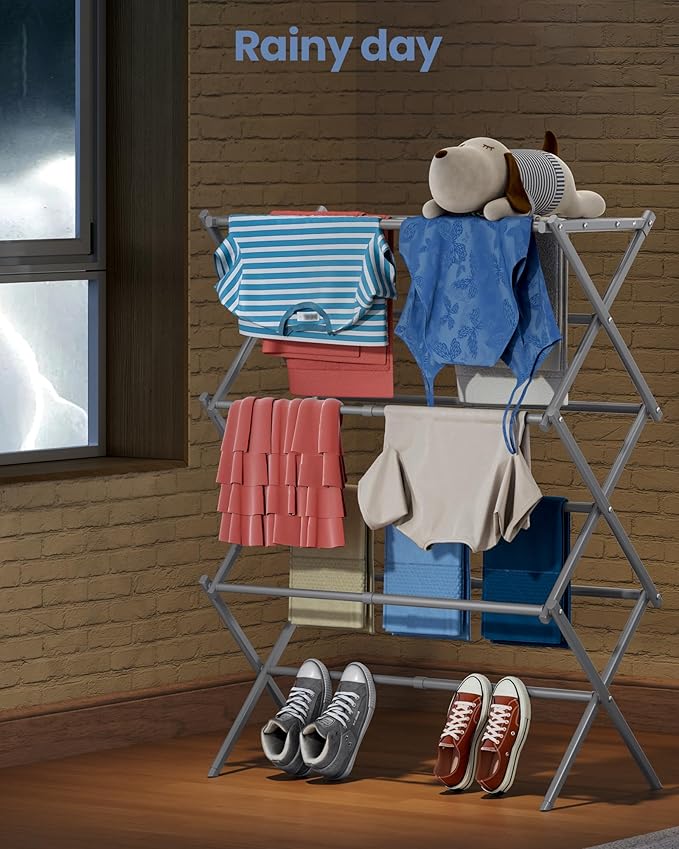 APEXCHASER Clothes Drying Rack, 3-Tier Laundry Drying Rack for Clothes, Expandable Metal Clothing Dryer, Collapsible Towel Rack, Air Drying Rack, Grey