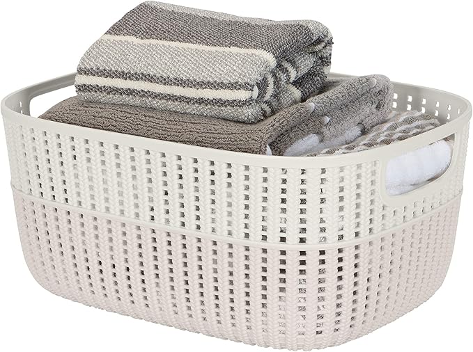 Simplify 2 Tone Sailor Knot Plastic Storage Tote | Decorative Basket | Closet Organization | De-clutter | Accessories | Toys | Bathroom Organization | Large | Ivory