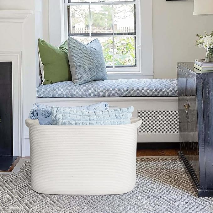 MEGASKET 108L Extra Large Storage Basket, 25" x 16" x 16" White Blanket Basket Living Room, Oversized Cotton Rope Blanket Storage, Woven Kids Dog Toy Bin Box Organizer, Laundry Shoes Towel Bin, White