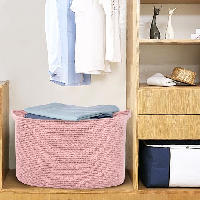 MEGASKET Extra Large Pink Storage Basket, 23.6" x 17" x 12" Rectangle Blanket Basket Living Room, Woven Cotton Rope Basket, Toy Basket Bins, Pink Baskets for Decor, Wicker Baby Laundry Basket
