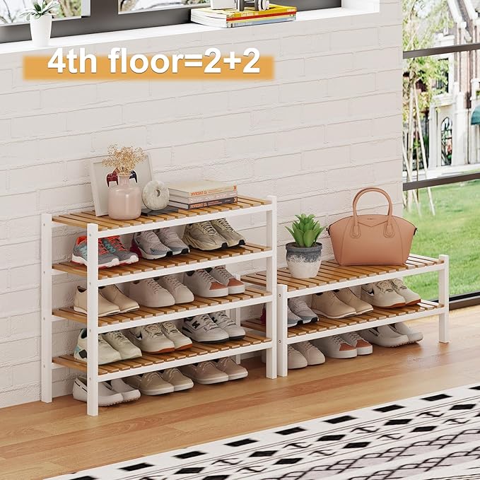 Bamboo Shoe Rack Organizer for Closet and Entryway-Space-Saving Narrow Shoe Stand-Versatile Shoe Holder for Door or Closet Shelf,Garage Bedroom can Freely Stack DIY Small Shoe Racks 2Tier Mixed color