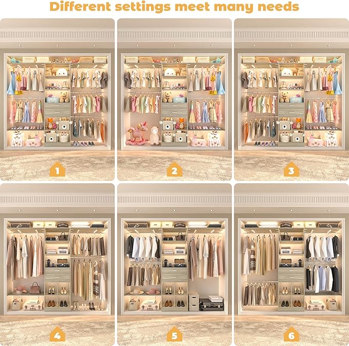 Besiost Closet System - 8FT Closet Organizer System with Wooden Drawers, 96" Closet Systems for Nursery & Walk-In Closets with Cuttable Hanging Shelving, Greige Oak