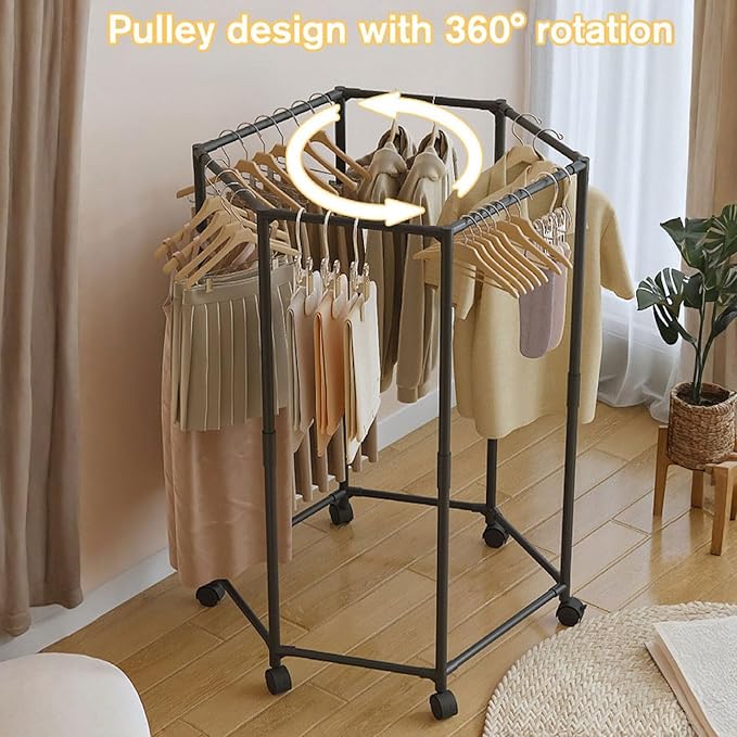 Clothes Rack with Wheels, Hexagonal Rolling Clothing Rack for Hanging Clothes, Clothes Drying Rack, Garment Storage for Bedroom, Laundry, Balcony (47" H)