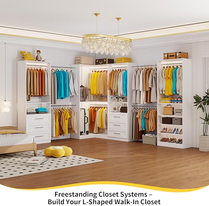 Closet System with 6 Drawers, Corner Closet Organizer System with 9 Rods & Shelves Walk in Wooden Modular Closet Storage System L-Shaped U -Shaped Freestanding 4 Sets, 2500+ Lbs Capacity White