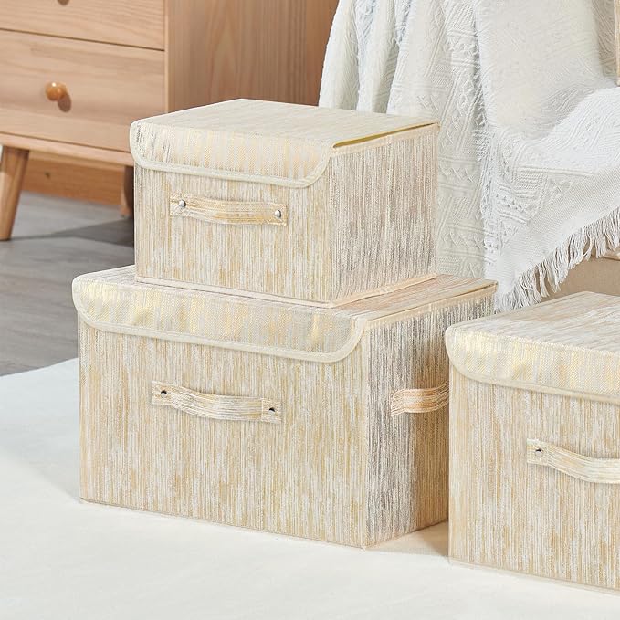Decorative Storage Boxes with Lid Luxury Metallic Fabric Storage Bins Organizer Containers Collapsible Shelf Baskets with Handles for Home Bedroom Closet Office (Gold, Large Size)