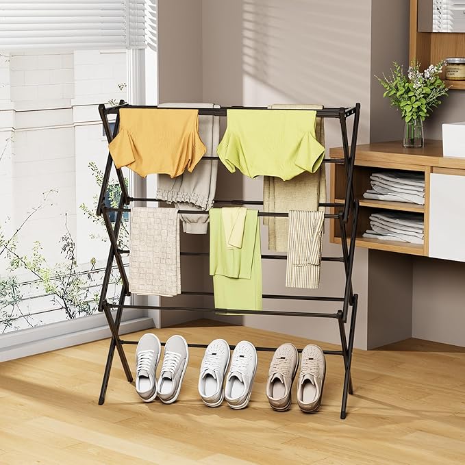 STARLATTA Drying Rack Clothing, 3-Tier Clothes Drying Rack Foldable Use for Indoor & Outdoor Antirust Laundry Drying Rack Collapsible Black 28" L x 35" H x 10" W