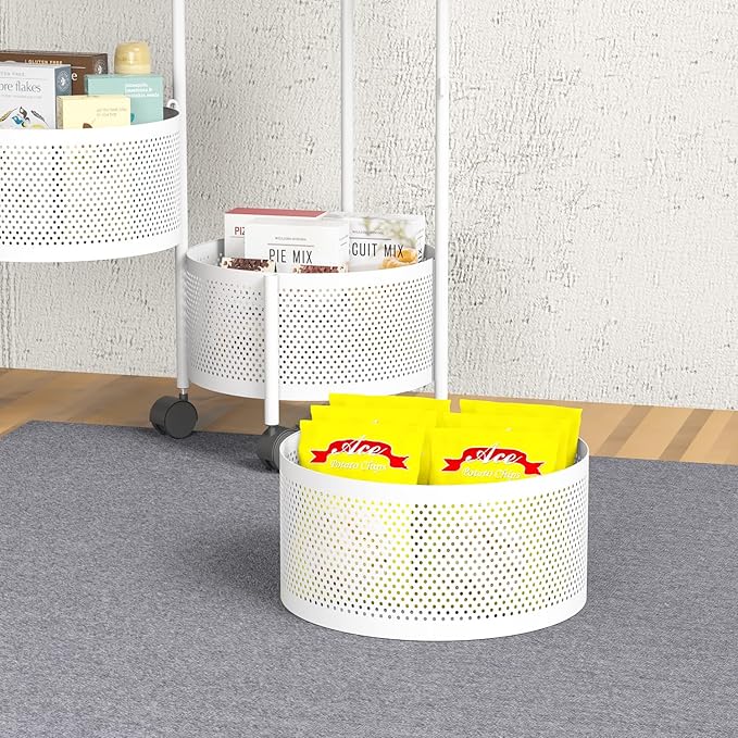 JAQ No Assembly Integrated Rotating Storage Cart, 4-Tier Rolling Storage Cart with Wheels, Solid Carbon Steel Onion Potato Storage, Kitchen Storage Cart, Vegetable Storage Cart, White
