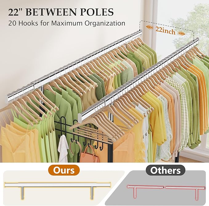 Gewudraw Heavy Duty Clothes Rack Load 900 Lbs, Commercial Double Rod Rolling Clothing Rack With Sturdy Wheel And Shelves,Adjustable Portable Hanging Rack For Clothes,Black