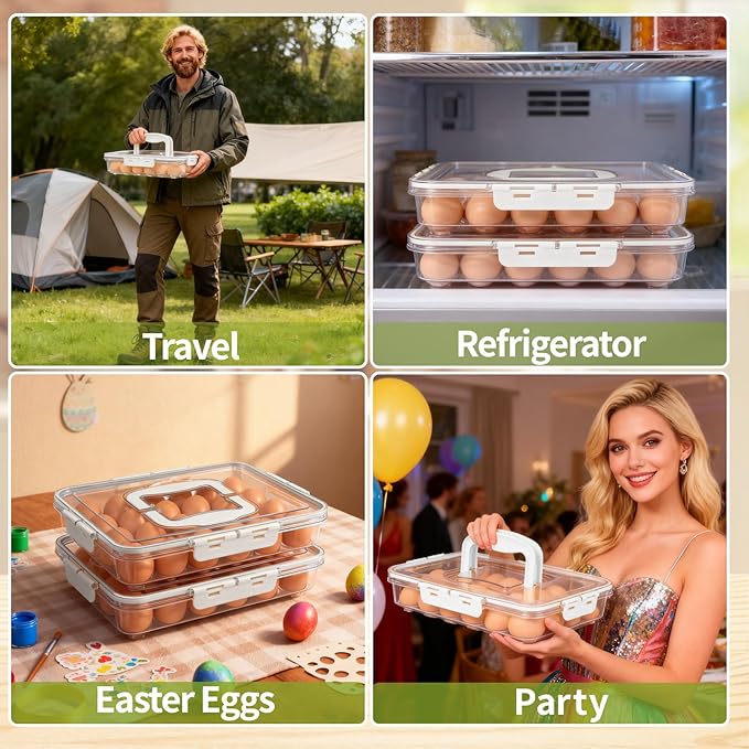 RoskDeewat Deviled Egg Containers with Lid, 2 Pack Thick Clear Plastic Deviled Carrier with Handle Storage 48 Eggs, Stackable Egg Holder Portable Tray Platter for Fridge, Travel, Party-White