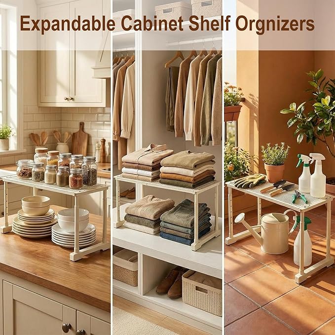 Expandable Cabinet Shelf Orgnizers, Stackable Kitchen Counter Shelves, Adjustable Height Pantry Cupboard Shelf, for Bathroom, Wardrobe, Under Sink Countertop (1)