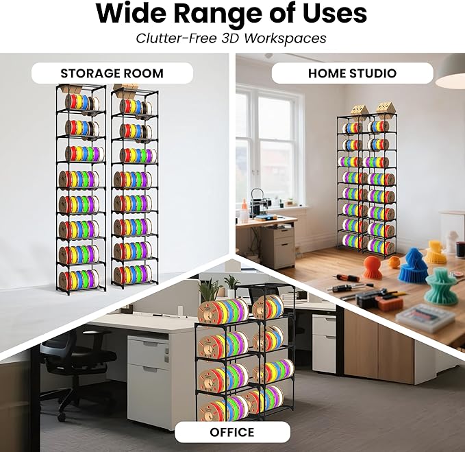 9-Tier 3D Printer Filament Storage Rack, Heavy Duty Metal Spool Holder Holds 54×1kg, Tool-Free Assembly, Modular Design for Home Office Workshop