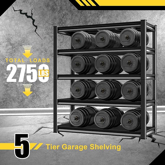 Metal Garage Shelving Heavy Duty,2750LBS Loads Garage Storage Shelves, 48”W 5-Tier Adjustable Storage Racks and Shelving Units for Garage Basement and Kitchen, 48”W x 18”D x 78”H,Black