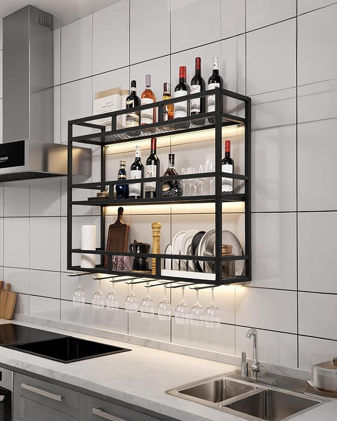 39" Wall Mounted Wine Rack with Bottle Glass Holder, 3-Tiers Metal Bar Shelves for Liquor Bottles with LED Light, Wall Wine Rack for Home, Restaurant, Commercial Bar, Kitchen Storage Display