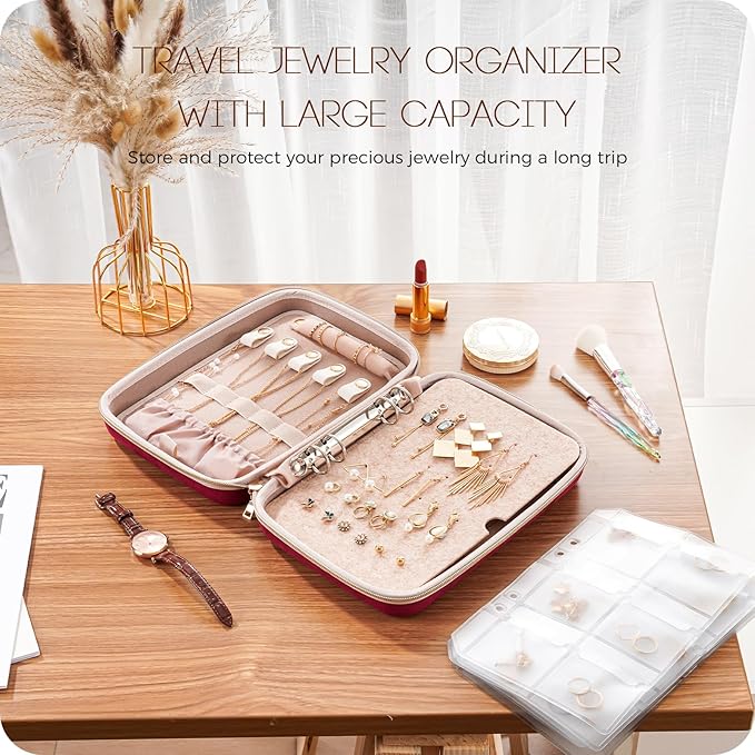 ProCase Extra Large Jewelry Organizer Case, Jewellery Home Storage Book Ring Binder with Clear Pockets for Presentation, Zippered Pouch Bag for Earrings Necklaces Bracelets -Wine