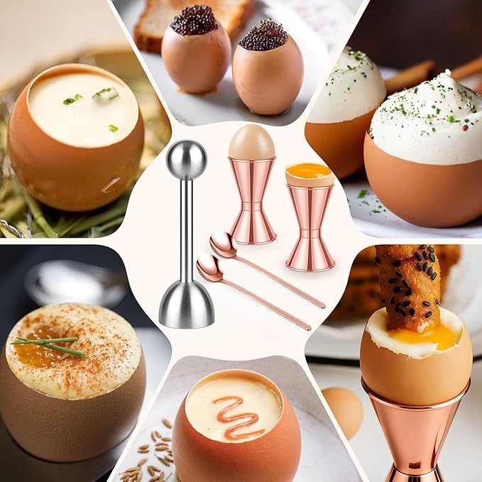 Egg Cups For Soft Boiled Eggs Set Of 5 - Includes 1 Stainless Steel Egg Cutter & 2 Egg Spoons & 2 Soft Boiled Egg Holder, Effortless & Precise Cracking - For Breakfast, Afternoon Tea, Parties
