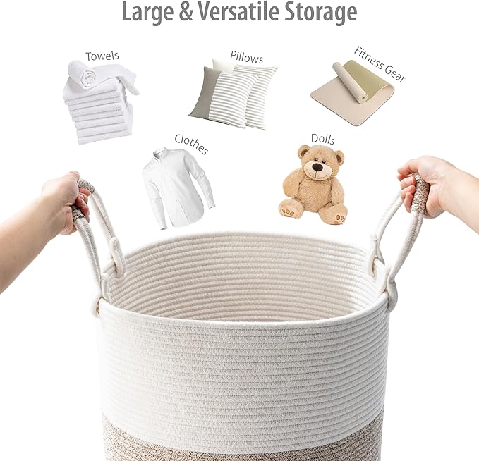 Laundry Basket – Laundry Hamper for Clothes, Blankets, Yoga Mat – Woven Cotton Rope Basket for Living Room, Nursery Room – Boho Style – 16”D x 22”H – White & Beige Brown