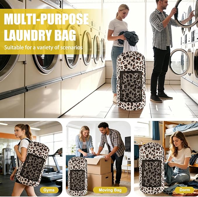 Olosar Laundry Bag Backpack, Extra Large Travel Laundry Bag with Mesh Pocket & Adjustable Shoulder Straps,Dirty Clothes Travel Bag for College Students Dorm,Apartment(Leopard Print)