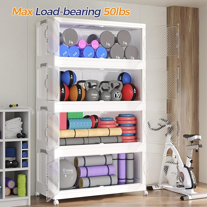 75Gal/300QT 5-Tiers Extra Large Stackable Storage Bins with Lid, Collapsible Cabinet Closet Organizer Plastic Container Box with Wheels Doors Drawers for Office Dorm Kitchen, White