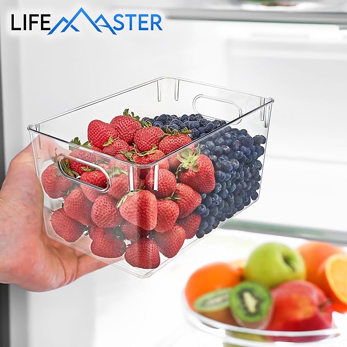 Lifemaster Multi-purpose Refrigerator Bins - 10 pieces Large Capacity Stackable Fridge Bin Organizer with Easy Grip Handles - Clear