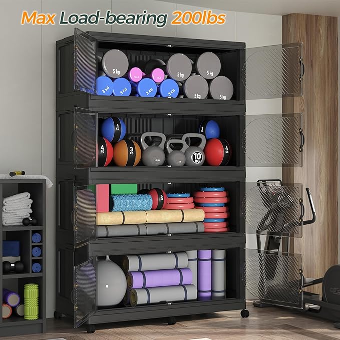 240Gal/960QT 4-Tiers Extra Large Stackable Storage Bins with Lid, Collapsible Cabinet Closet Organizer Plastic Container Box with Wheels Doors Drawers for Office Dorm Kitchen Office, Black