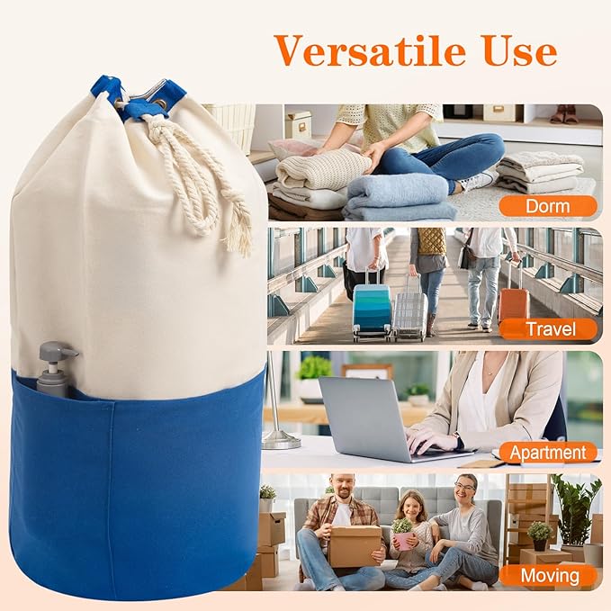 NAHADS Blue single-shoulder backpack-style laundry bag made of durable canvas material with a drawstring closure design, suitable for use at university, camping, laundromats, and apartments.