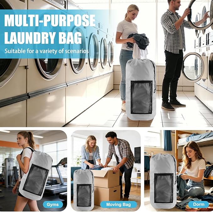 Olosar Laundry Bag Backpack, 2PCS Extra Large Travel Laundry Bag with Mesh Pocket & Adjustable Shoulder Straps,Dirty Clothes Travel Bag for College Students Dorm,Apartment(Light Gray)