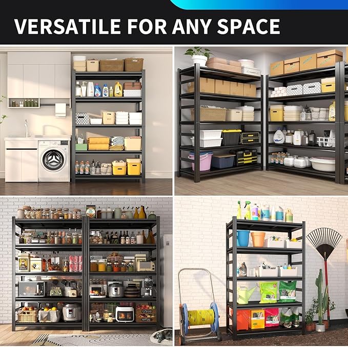 40''W/54''H Garage Shelving Heavy Duty 5 Tier Metal Shelf Unit Garage Storage Shelves Organizer for Tools and Equipment, Deep Shelves for Kitchen Bedroom Shop, Black
