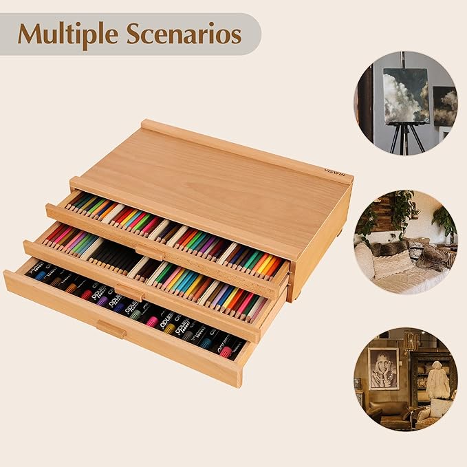 VISWIN Upgraded 3-Drawer Wood Artist Supply Storage Box with Removable Dividers, Premium Beech Wood Art Storage Box, Portable Organizer Box for Paints, Pastels, Pencils, Brushes and Art Supplies