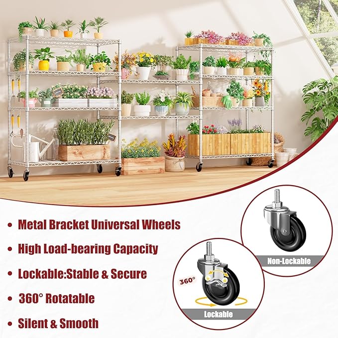 PrimeZone 5 Tier 48" Wx24''Dx81''H Wire Shelving with Wheels 3000lbs NSF Storage Shelves Heavy Duty Metal Shelf Adjustable Rolling Rack Commercial Garage Restaurant Warehouse Kitchen Chrome 8Pack