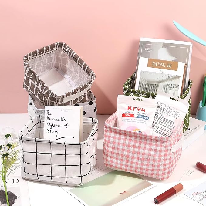 Foldable Storage Basket - Set of 6 Small Collapsible Canvas Containers Organizers with Handle for Home Decor or Storing Toys, Keys, Sundries, Little Crafts. (Style C)
