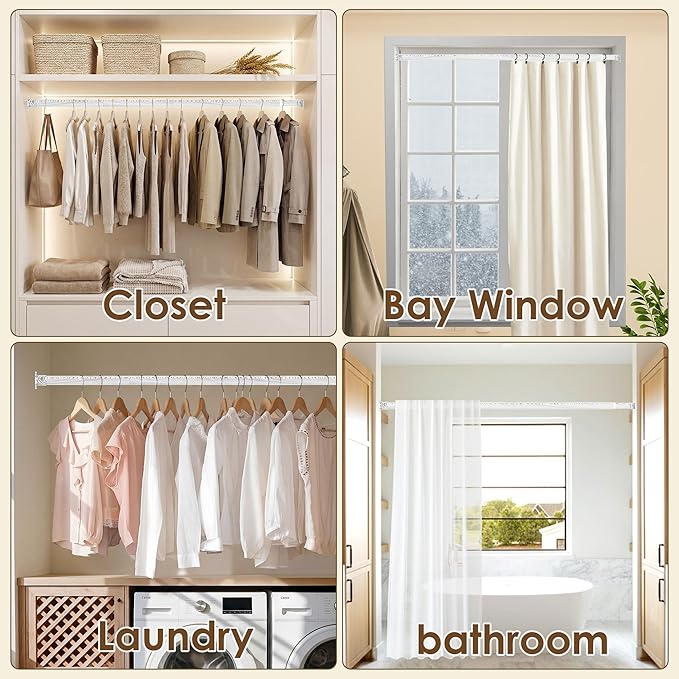 Closet Rod 17-63 Inches,1.3 Inch Diameter Heavy-Duty Adjustable Closet Rods for Hanging Clothes Closet Hanging Rod Metal Closet Poles for Wardrobes Laundry RV Bathroom(White Wood Grain Finish)