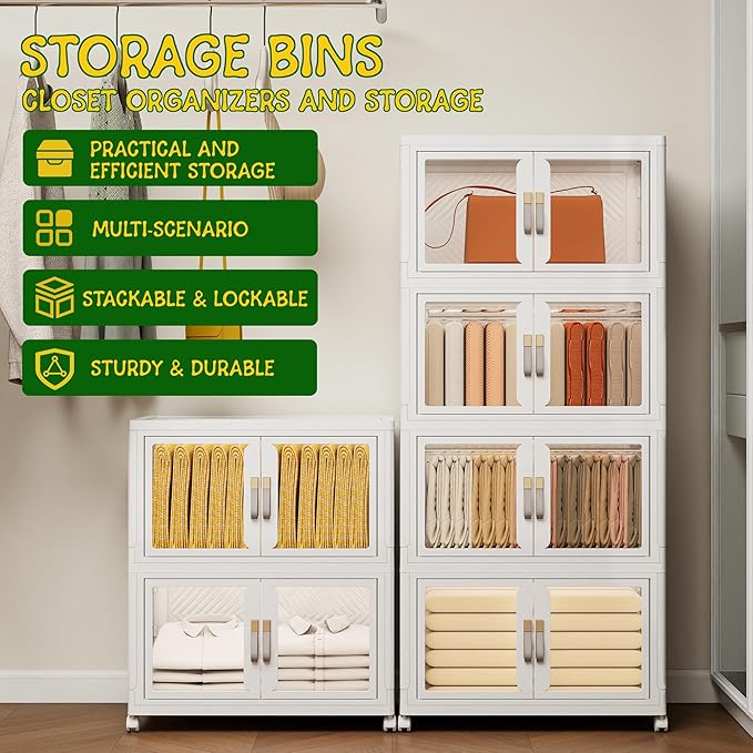 UAMFURI Stackable Storage Bins with Doors & Lids & Wheels, Foldable Collapsible Closet Organizers, Large Storage Cabinet for Bedroom Dorm (4, M)