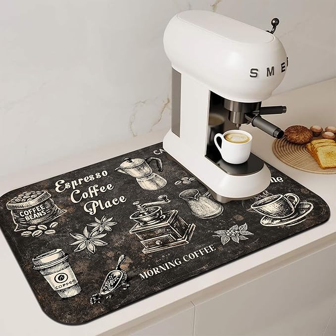 Vintage Coffee Blueprint Coffee Bar Mat 12" x 19", Absorbent Quick-Dry Coffee Drying Mat, Non-Slip Waterproof Countertop Protector for Coffee Station, Espresso Machine