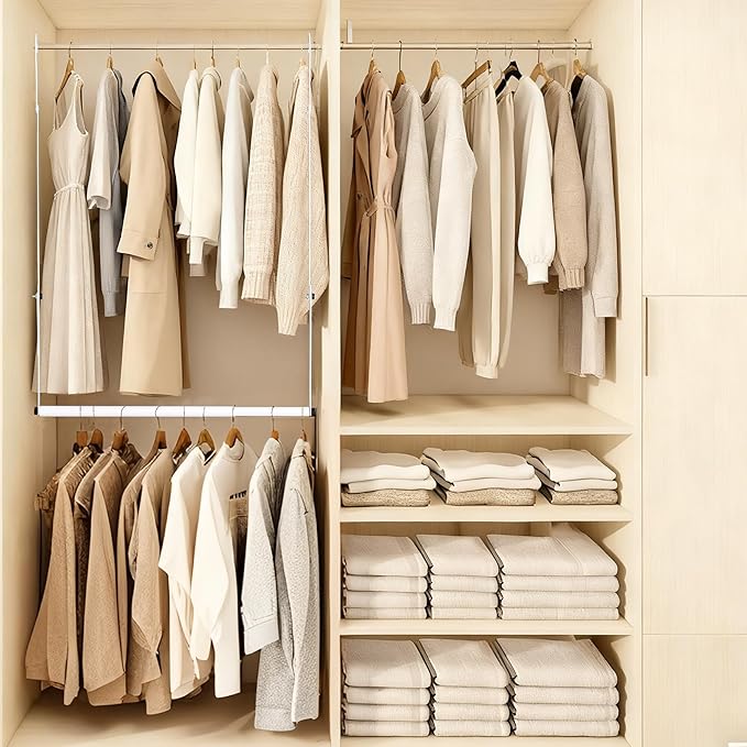 Closet Rod Extenders - White Adjustable Closet Hanging Bar, Width & Height Expandable Clothes Rod, Space-Saving Closet Organizer for Hanging Clothes, Easy Installation, 1 Pack