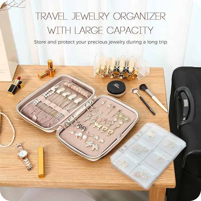 ProCase Large Travel Jewelry Organizer Case, Jewellery Home Storage Book Ring Binder with Clear Pockets for Presentation, Zippered Pouch Bag for Earrings Necklaces Bracelets -Pink