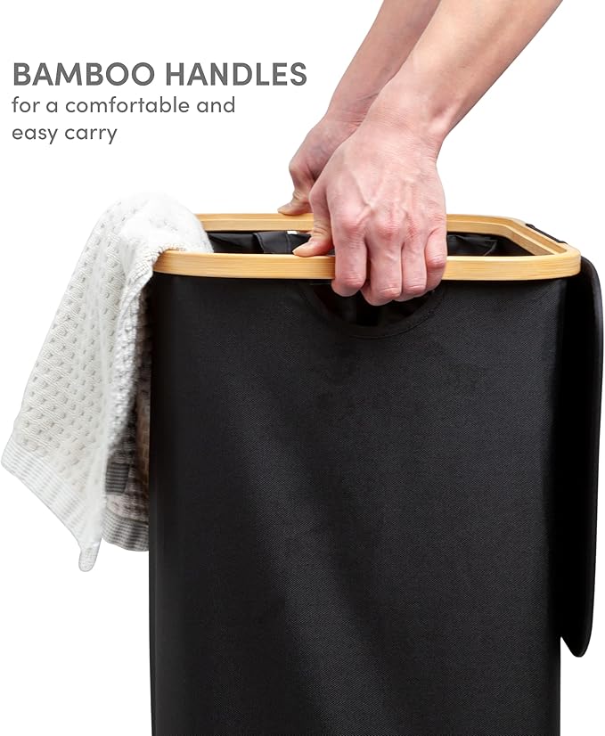 QUALIAZERO 120L Dual Laundry Hamper with Lid โ 2-Section Bamboo Frame Hamper with Removable Bags & Easy-Lift Cover, Large Capacity for Families, Bathroom or Bedroom (ONYX BLACK, DUAL)