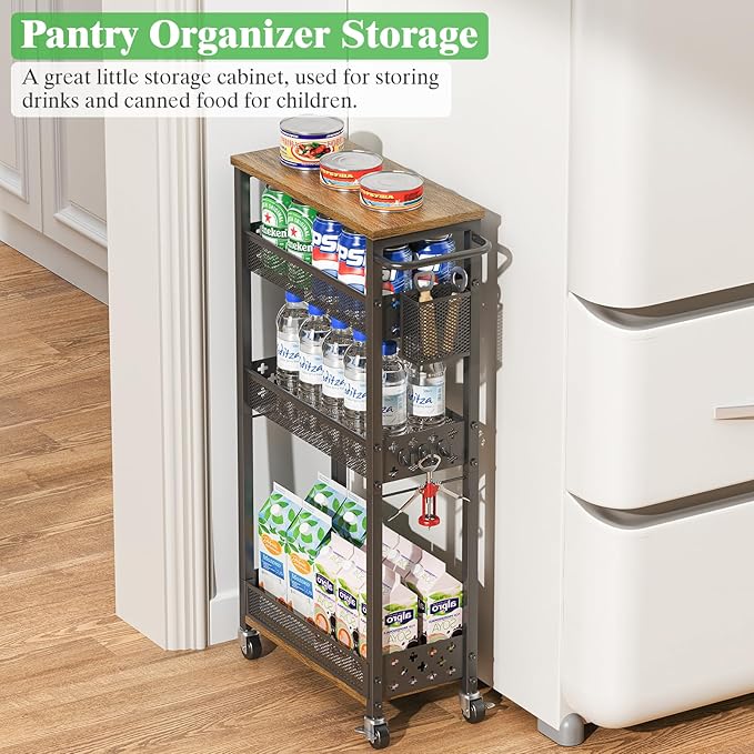 Utility Slim Rolling Storage Cart with Wheels, 4 Tier Narrow Metal Kitchen Cart Bathroom Laundry Room Organization Trolley with Wood Rack and Removable Mesh Basket for Small Space, 7.1IN Black