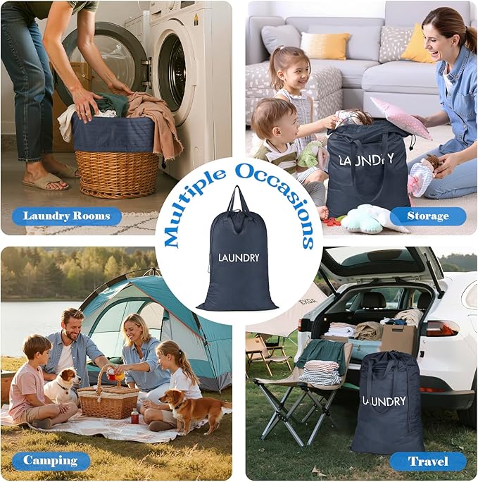 Heavy Duty Laundry Bag, Washable Nylon, Splash-Resistant Dirty Clothes Storage Bag with Drawstring & Handles丨Lightweight, Foldable & Space-Saving for College Dorm, Camping, Trips, Cruise, 50L,Navy