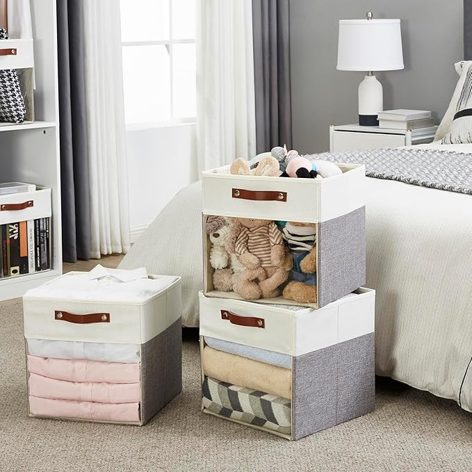 Bagnizer Storage Cubes, 4 Pack Linen Foldable Storage Bins with Clear Window and 2 Handles, 13x15x13 Storage Cube Bins for Shelf Closet, Kallax, Clothes, Books - (Gray and White)