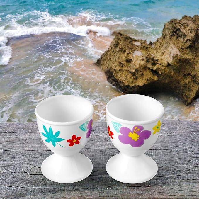 Cinf Ceramic Egg Cups Easter Gift Set of 2 Porcelain Holder Breakfast Boiled Cooking Easy to Clean Childhood Memories Kitchen(Hawaii Flower)