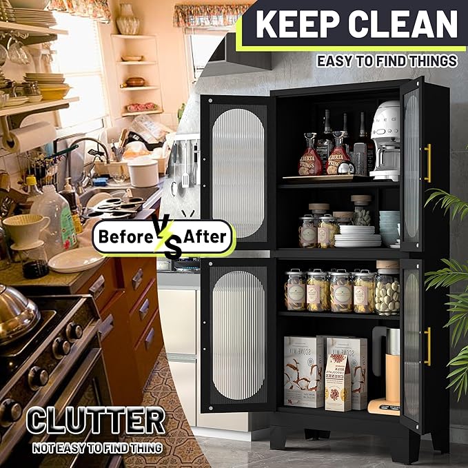 PAOFIN 61" Black Pantry Storage Cabinet, Kitchen Pantry Cabinet with Acrylic Glass Doors and Shelves, with Adjustable Leveling Foot for Kitchen, Living Room and Dining Room. 61"